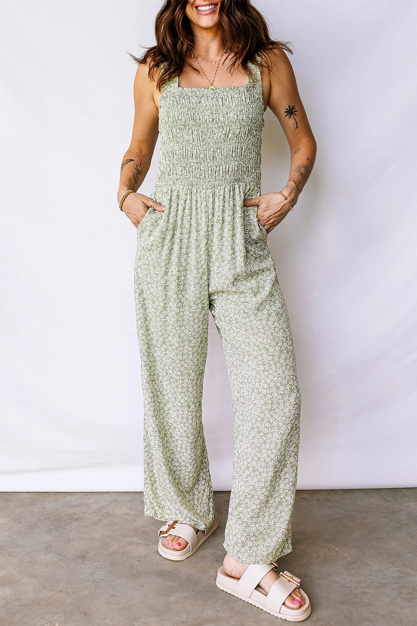 Green Floral Sleeveless Jumpsuit