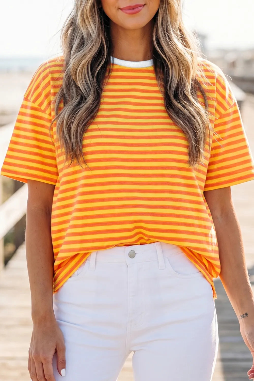 Spring Contrast Crew Neck Drop Shoulder Loose T Shirt | S-4X
