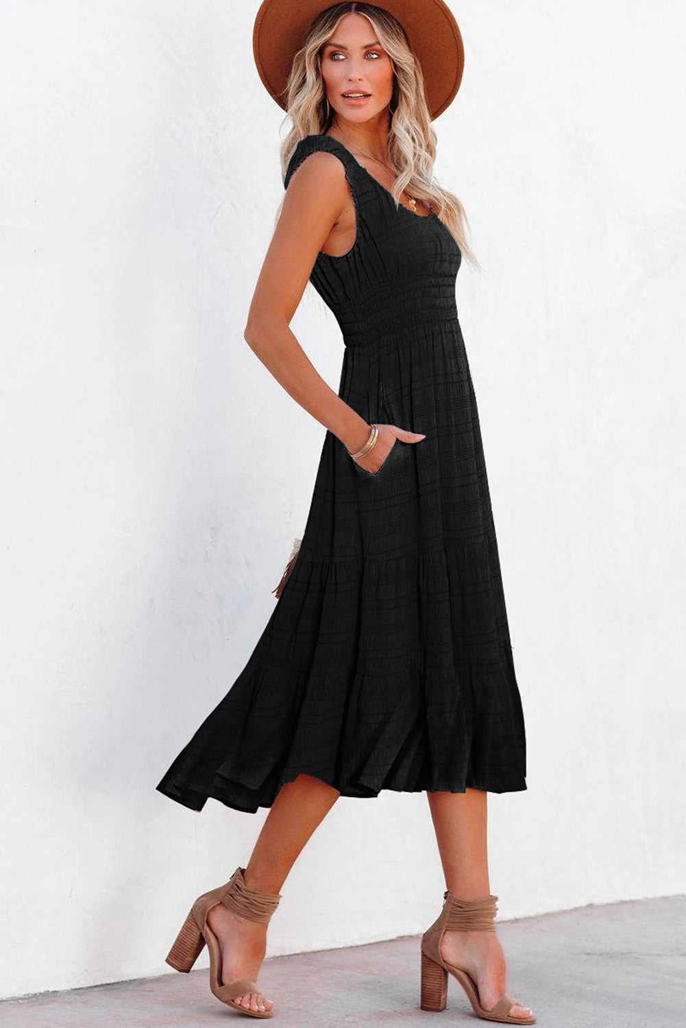 Black Shirred Pleated Midi Dress