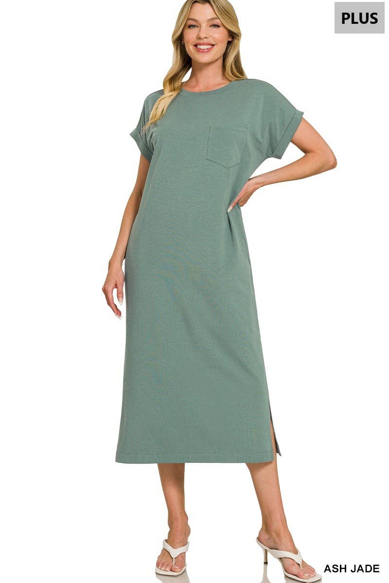 Plus Round Neck Short Sleeve Midi Dress