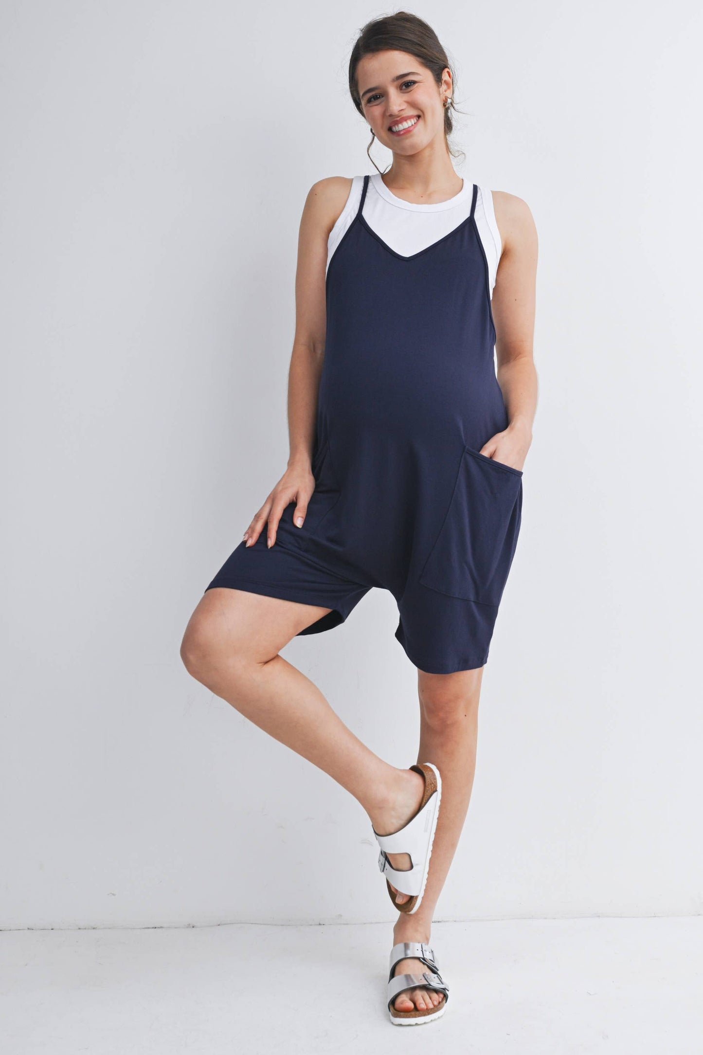 Loose Fit Sleeveless Maternity Romper with Adjustable Straps