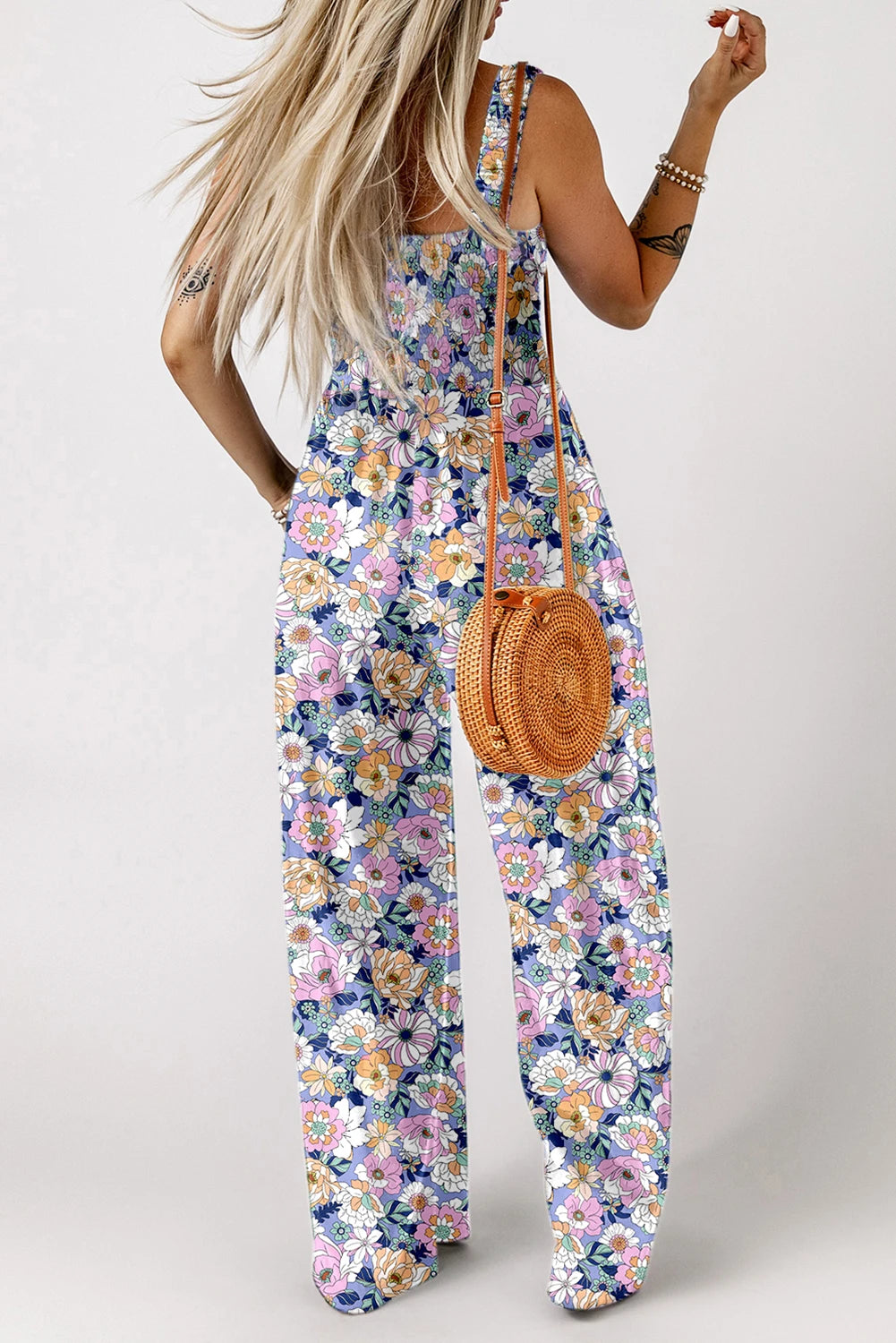 Purple Floral Smocked Square Neck Jumpsuit
