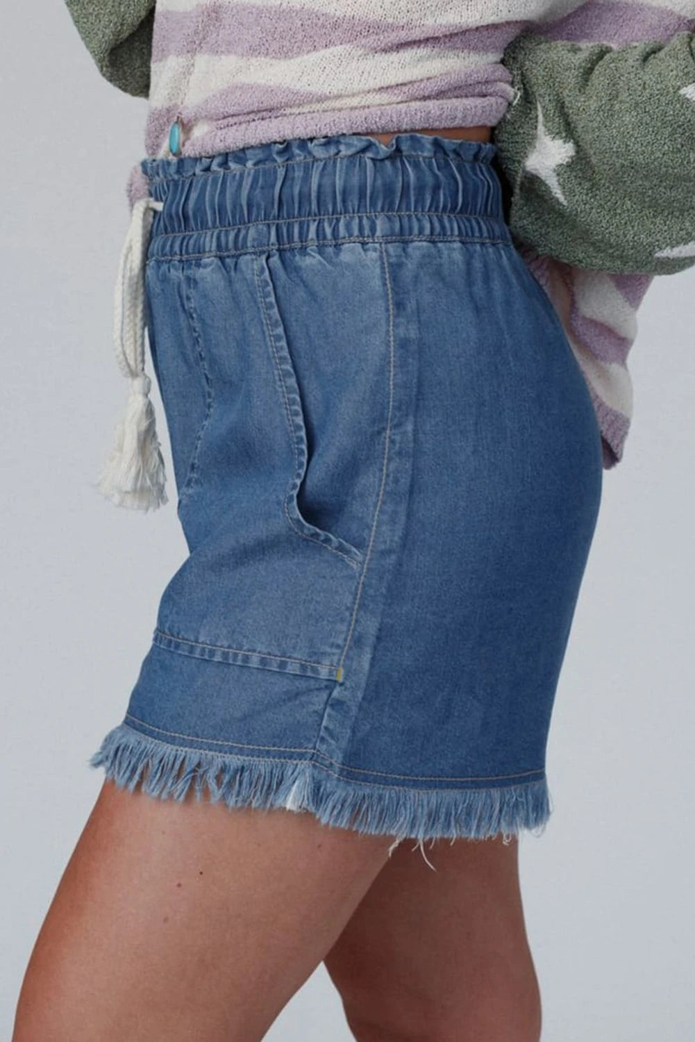 Raw Hem Drawstring Denim Shorts