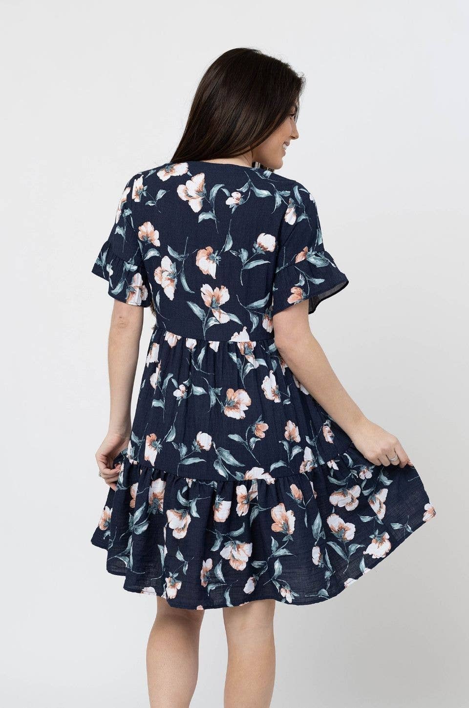 Floral Nursing Dress With Pockets -Bell Sleeve- Navy Floral
