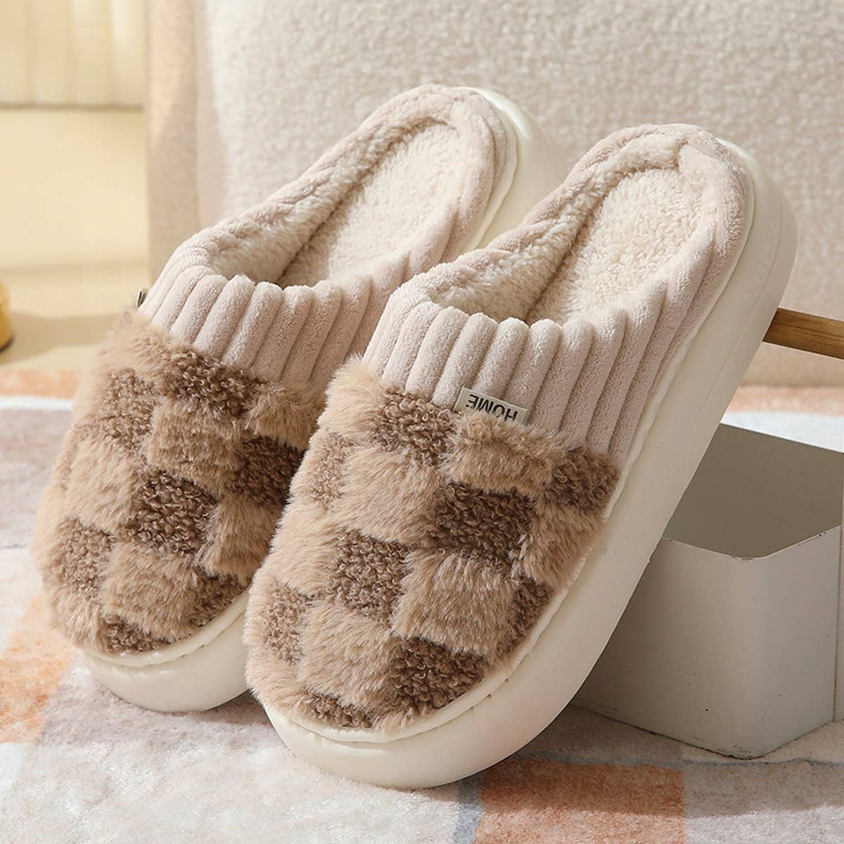 Checkered Fuzzy Warmies Slippers