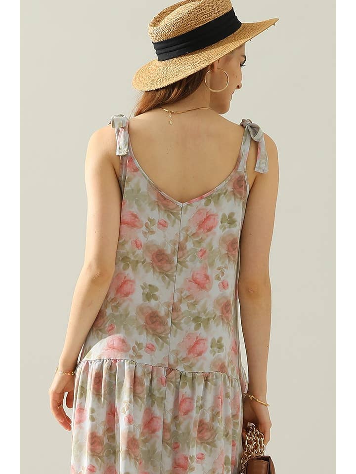 STRAP TIE SLEEVELESS DRESS WITH TRIM TAPE AT HEM