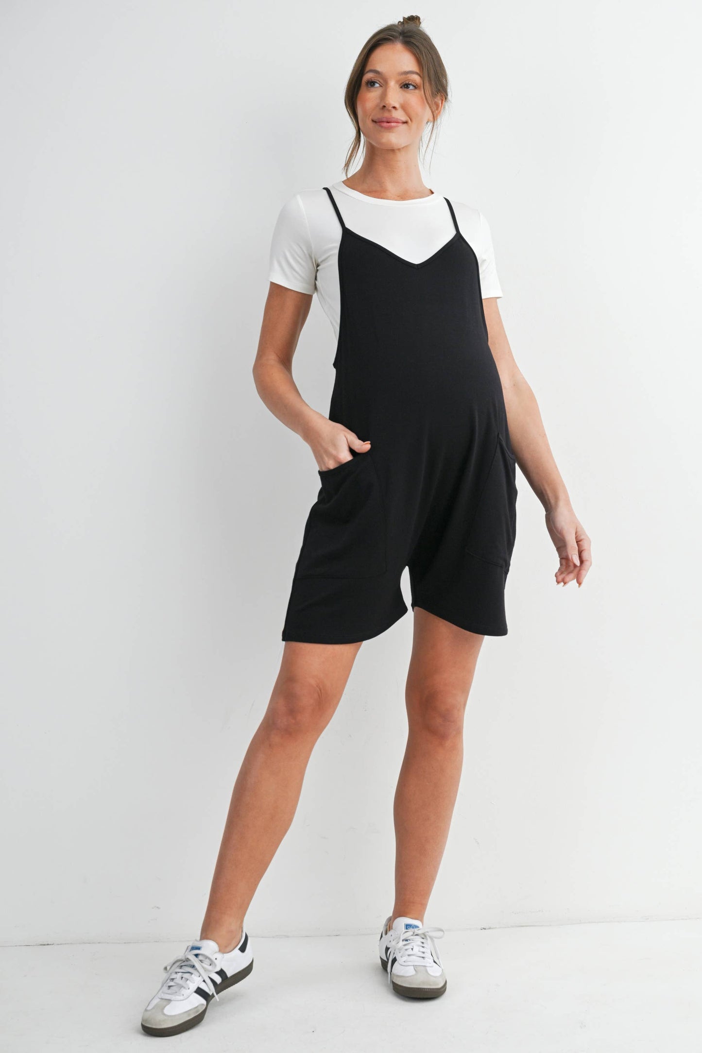 Loose Fit Sleeveless Maternity Romper with Adjustable Straps