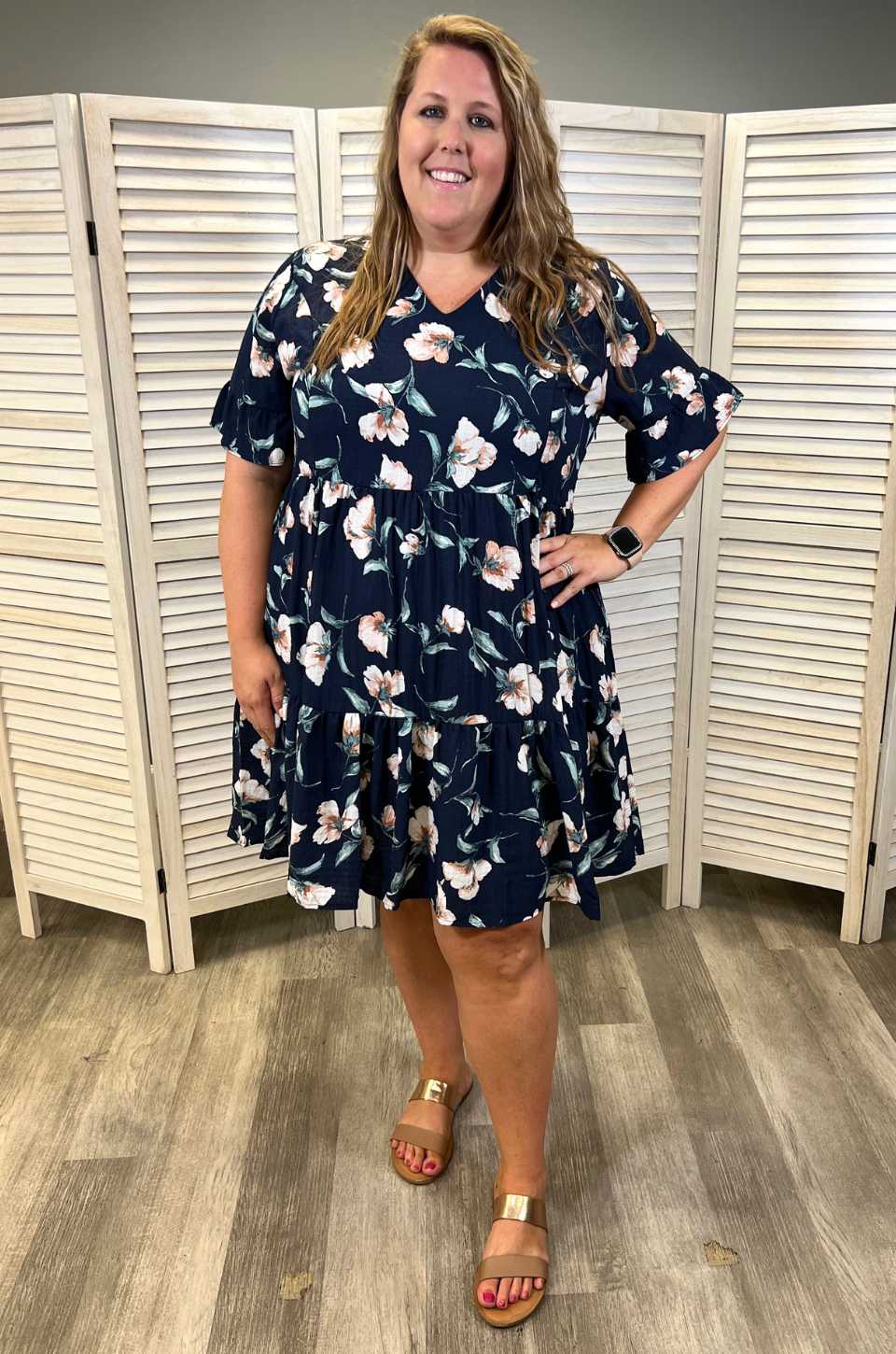 Floral Nursing Dress With Pockets -Bell Sleeve- Navy Floral
