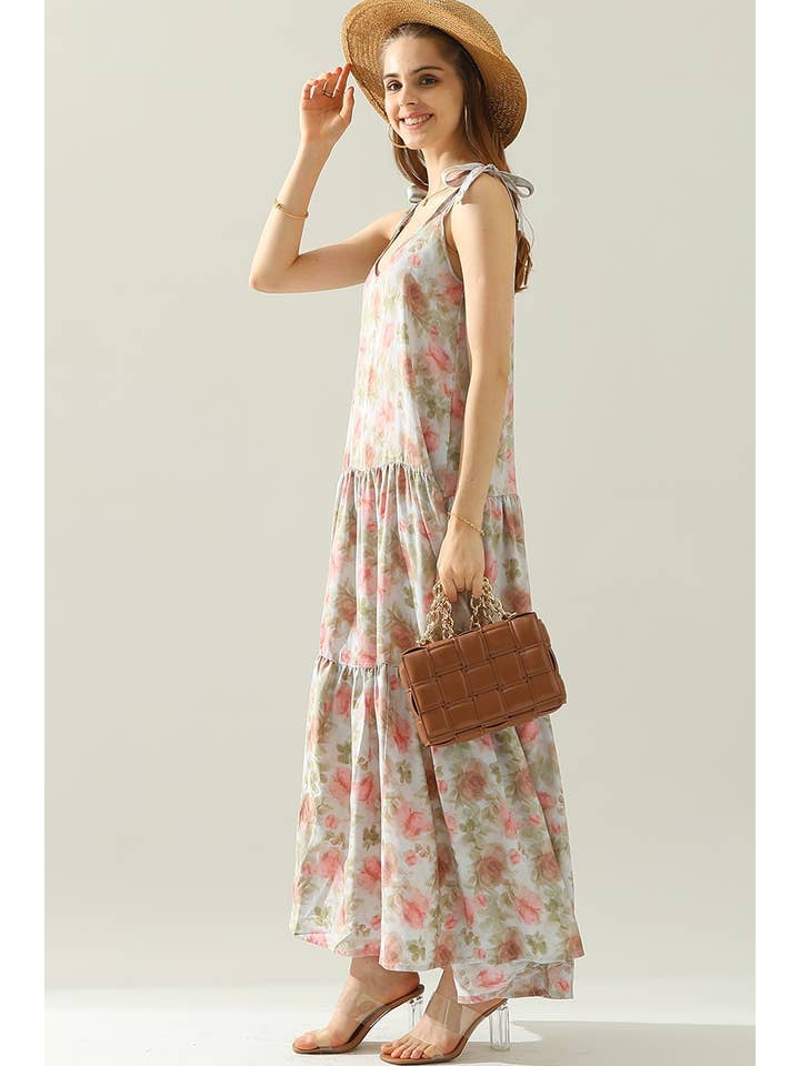 STRAP TIE SLEEVELESS DRESS WITH TRIM TAPE AT HEM