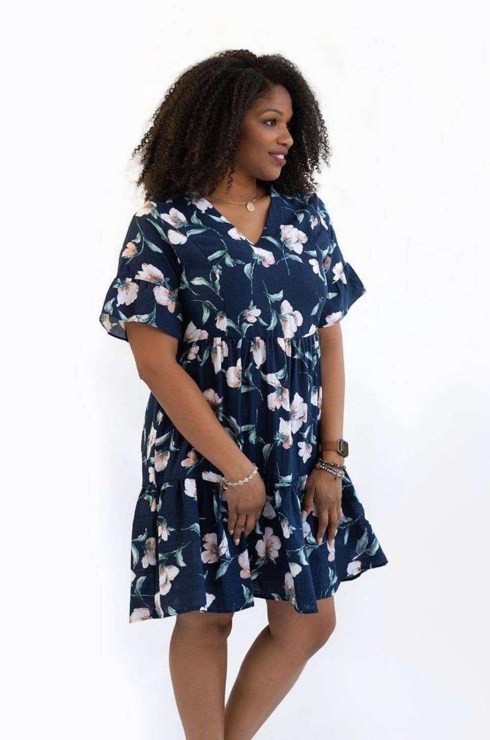Floral Nursing Dress With Pockets -Bell Sleeve- Navy Floral