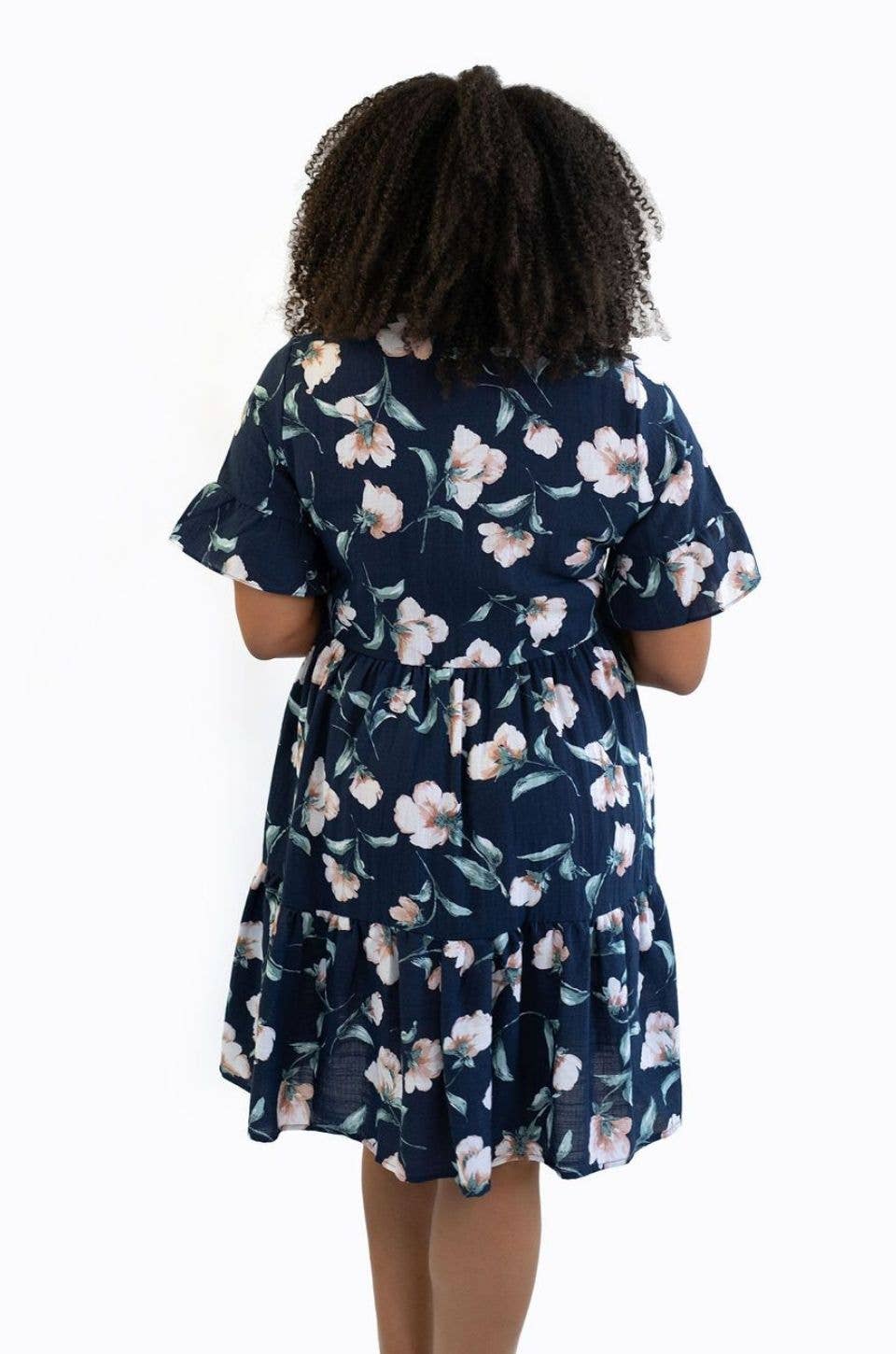 Floral Nursing Dress With Pockets -Bell Sleeve- Navy Floral