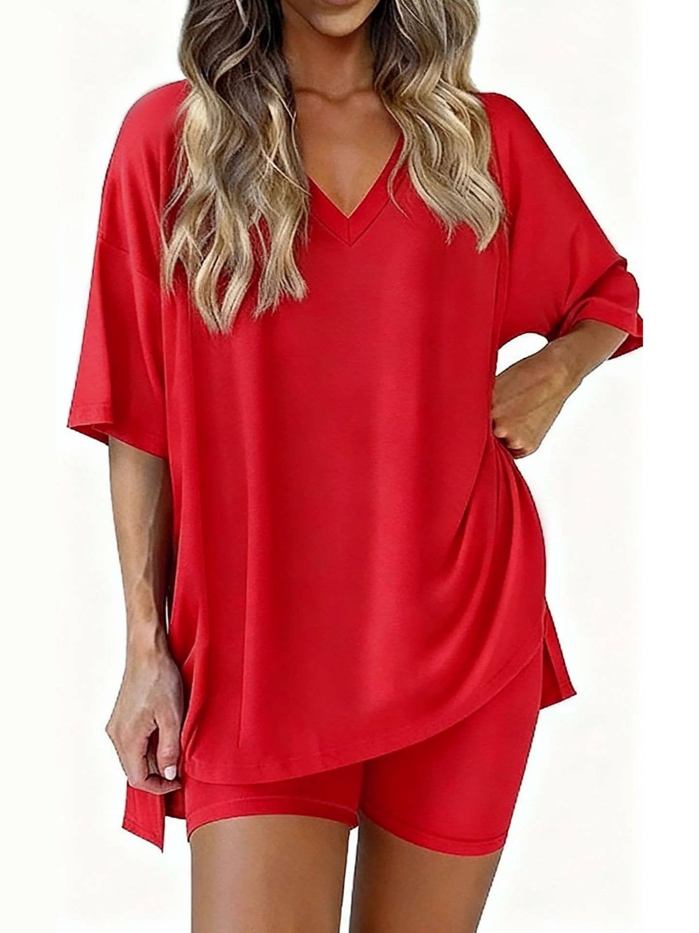 Summer Breezy Chic V-Neck Slit Top & Shorts Lounge Sets