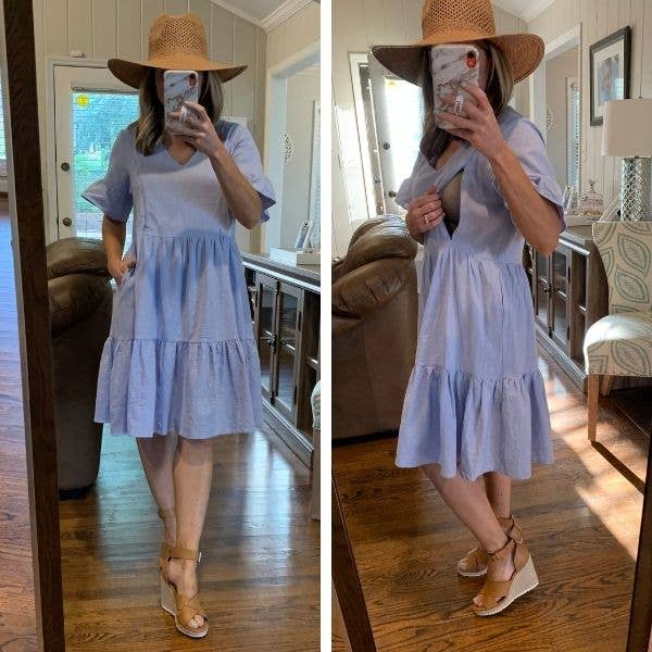 Nursing Dress With Pockets - Bell Sleeve- Periwinkle (Lavender/Blue)