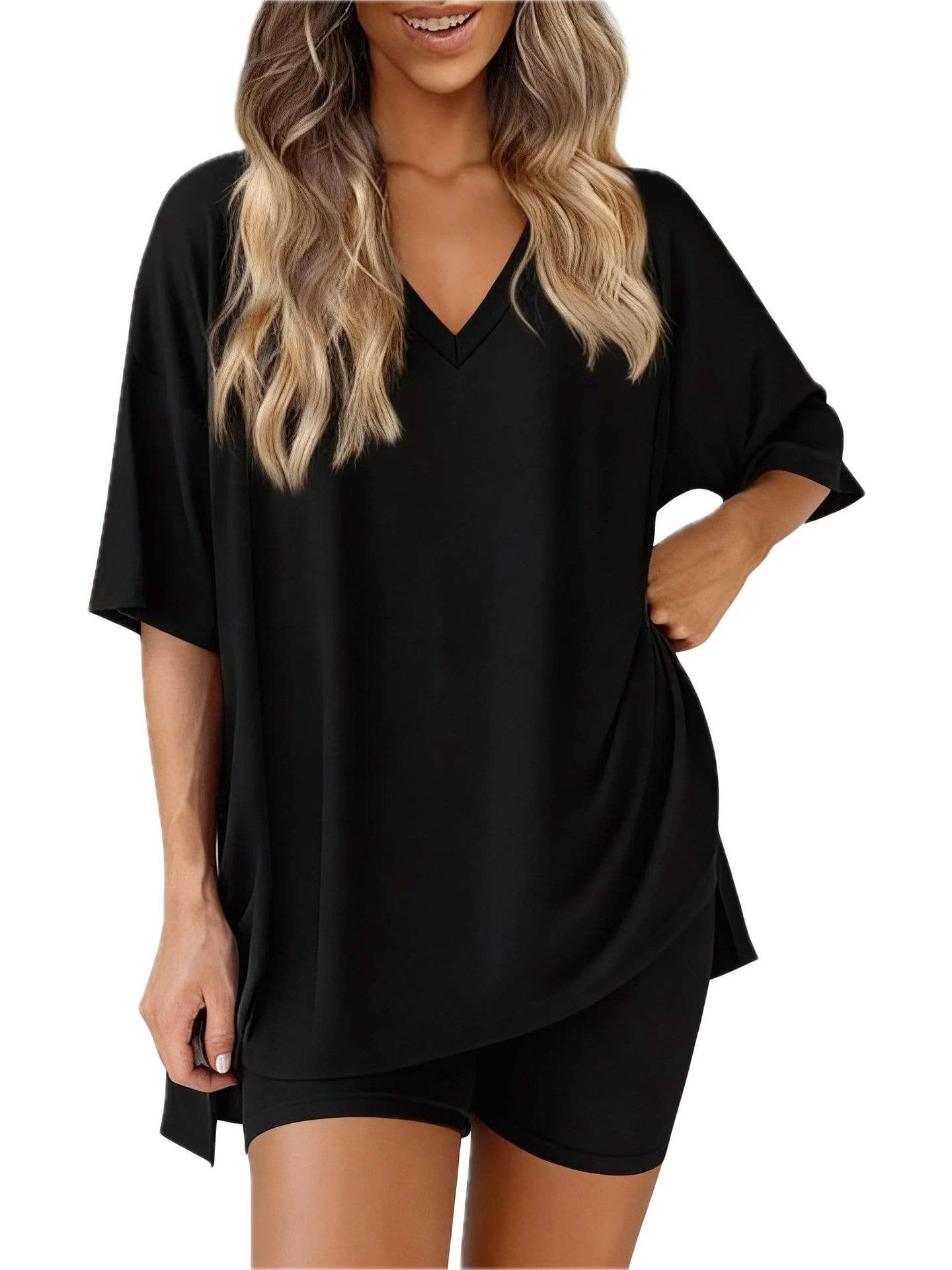 Summer Breezy Chic V-Neck Slit Top & Shorts Lounge Sets