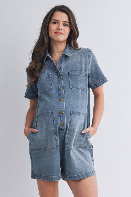 Button Front Maternity Denim Romper with Collar