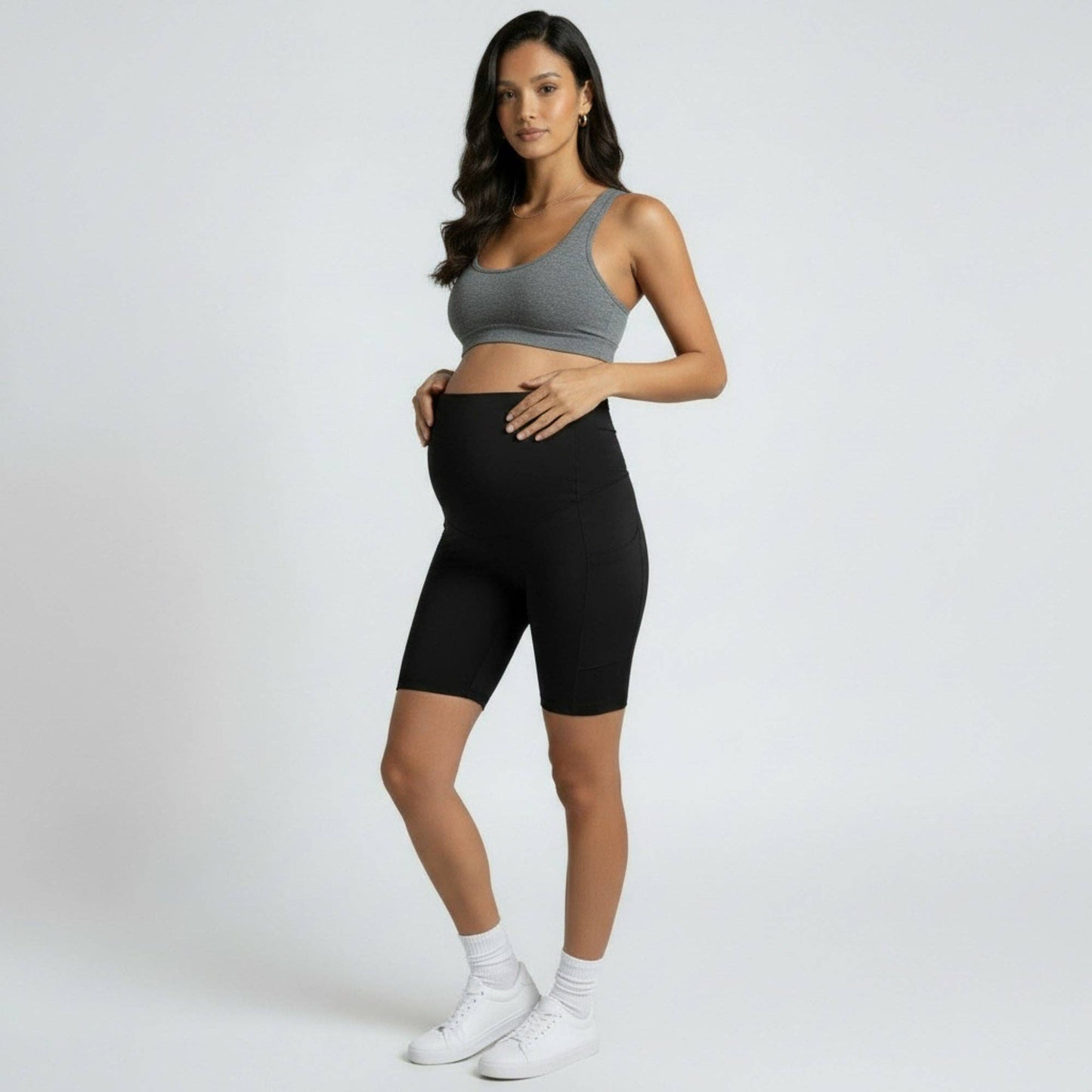 High Waist Maternity Bike Shorts with Over Belly Panel Stretch Activewear Workout Shorts
