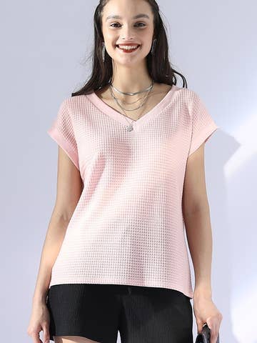 V NECK SHORT SLEEVE WAFFLE KNIT TOP