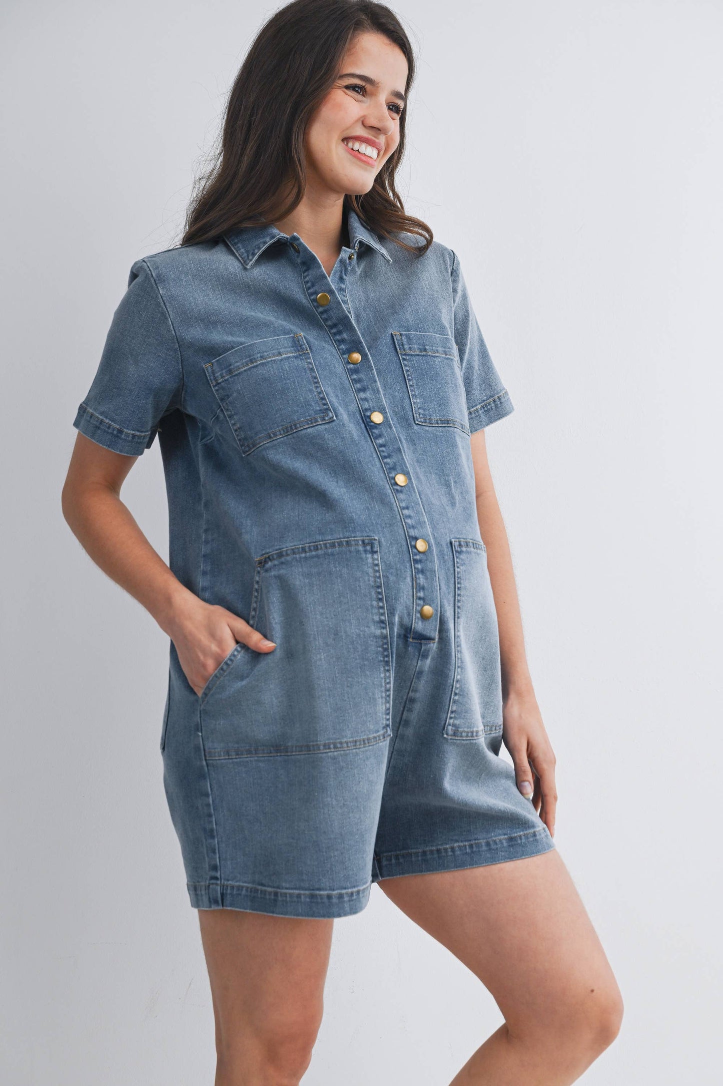 Button Front Maternity Denim Romper with Collar