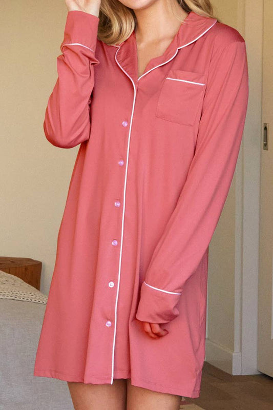 WOMEN SOLID BUTTON DOWN PAJAMA- CRANBERRYWHITE