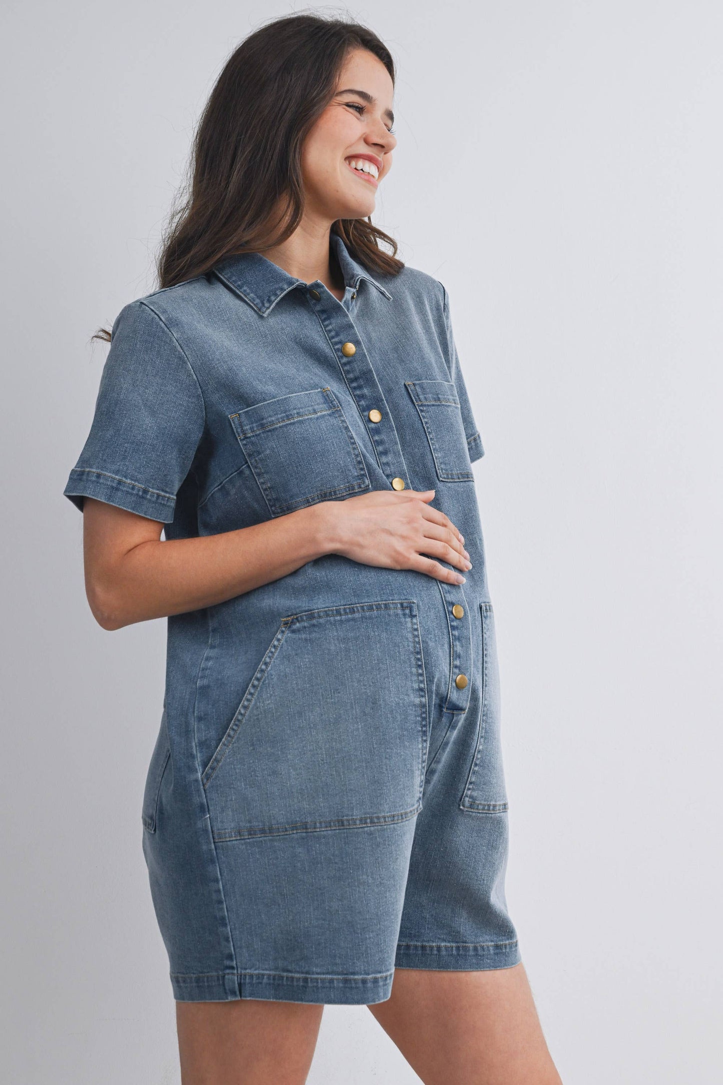 Button Front Maternity Denim Romper with Collar