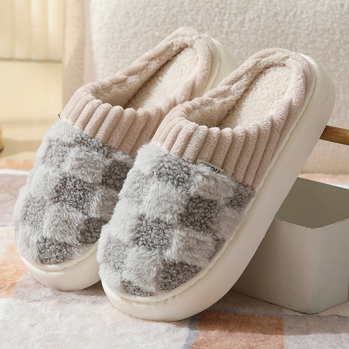 Checkered Fuzzy Warmies Slippers