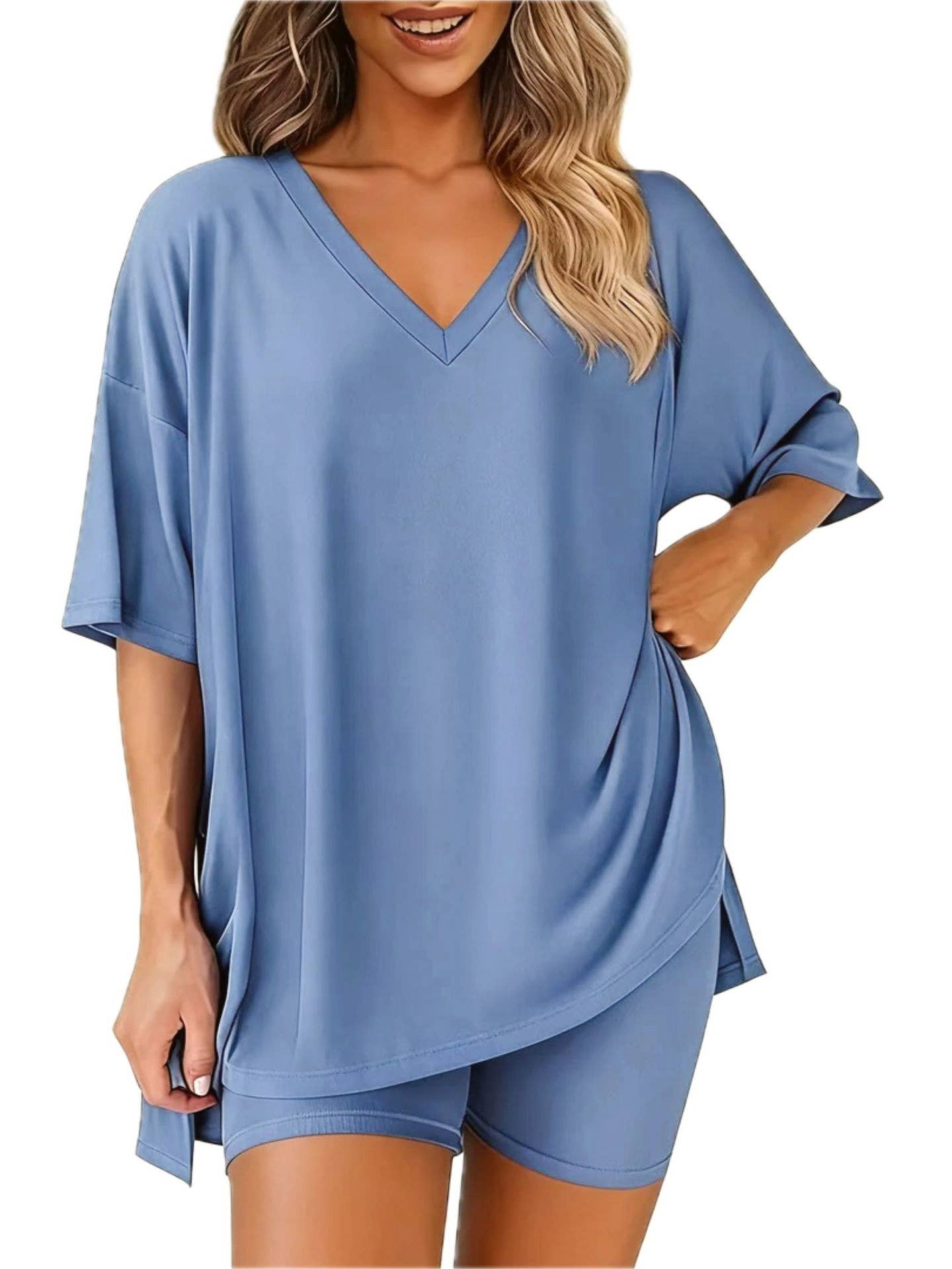 Summer Breezy Chic V-Neck Slit Top & Shorts Lounge Sets