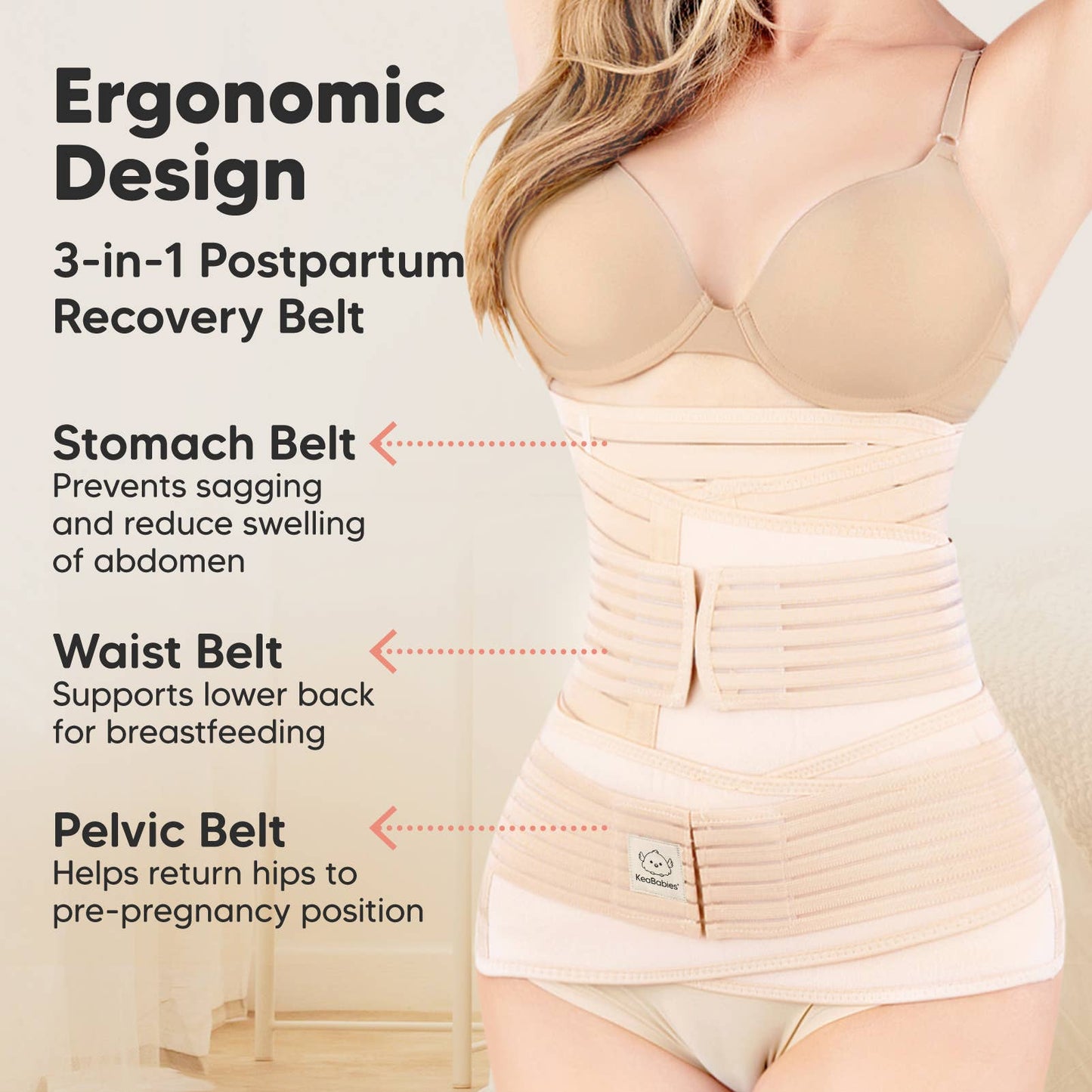KeaBabies Revive 3 in 1 Postpartum Belt (Classic Ivory, M/L)