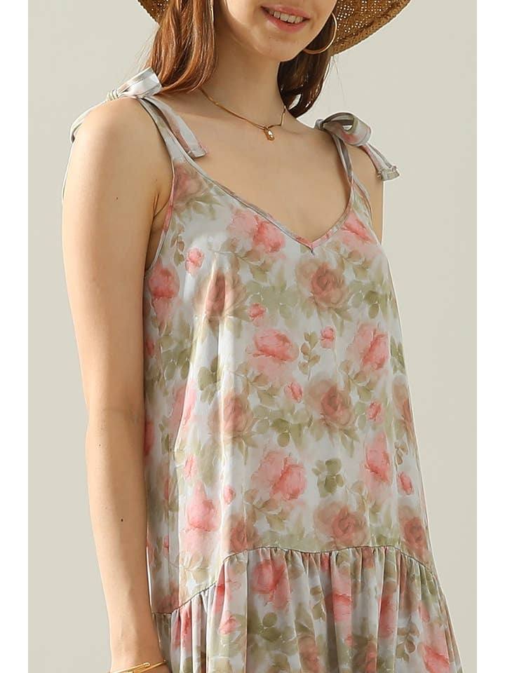 STRAP TIE SLEEVELESS DRESS WITH TRIM TAPE AT HEM