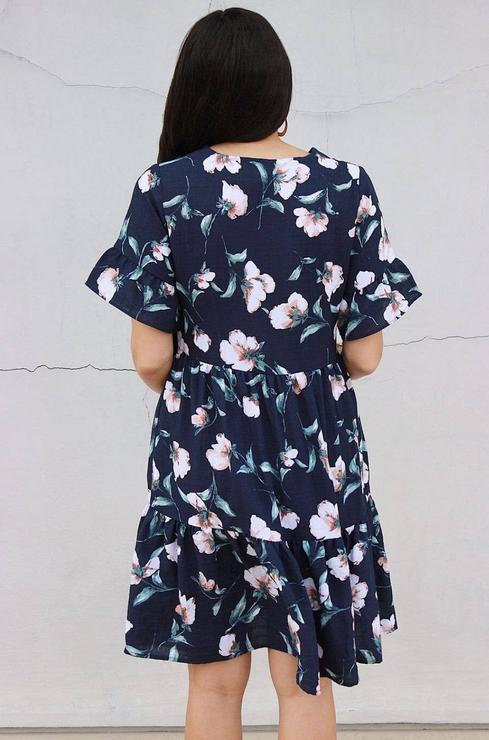 Floral Nursing Dress With Pockets -Bell Sleeve- Navy Floral