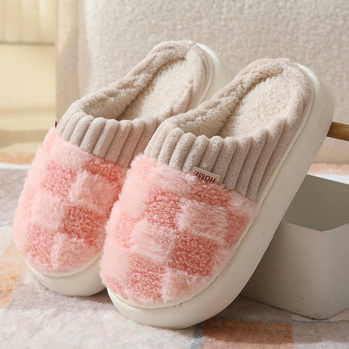 Checkered Fuzzy Warmies Slippers