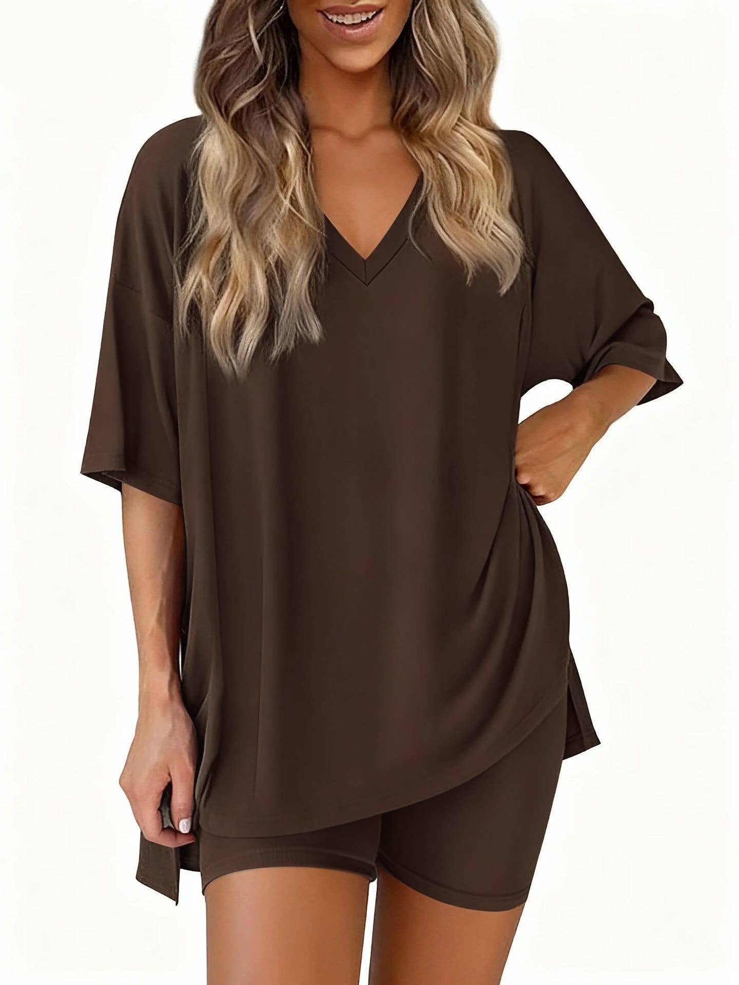 Summer Breezy Chic V-Neck Slit Top & Shorts Lounge Sets