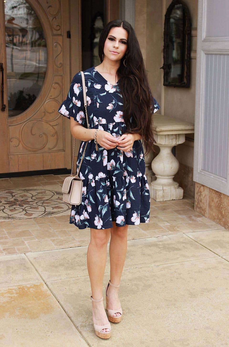 Floral Nursing Dress With Pockets -Bell Sleeve- Navy Floral
