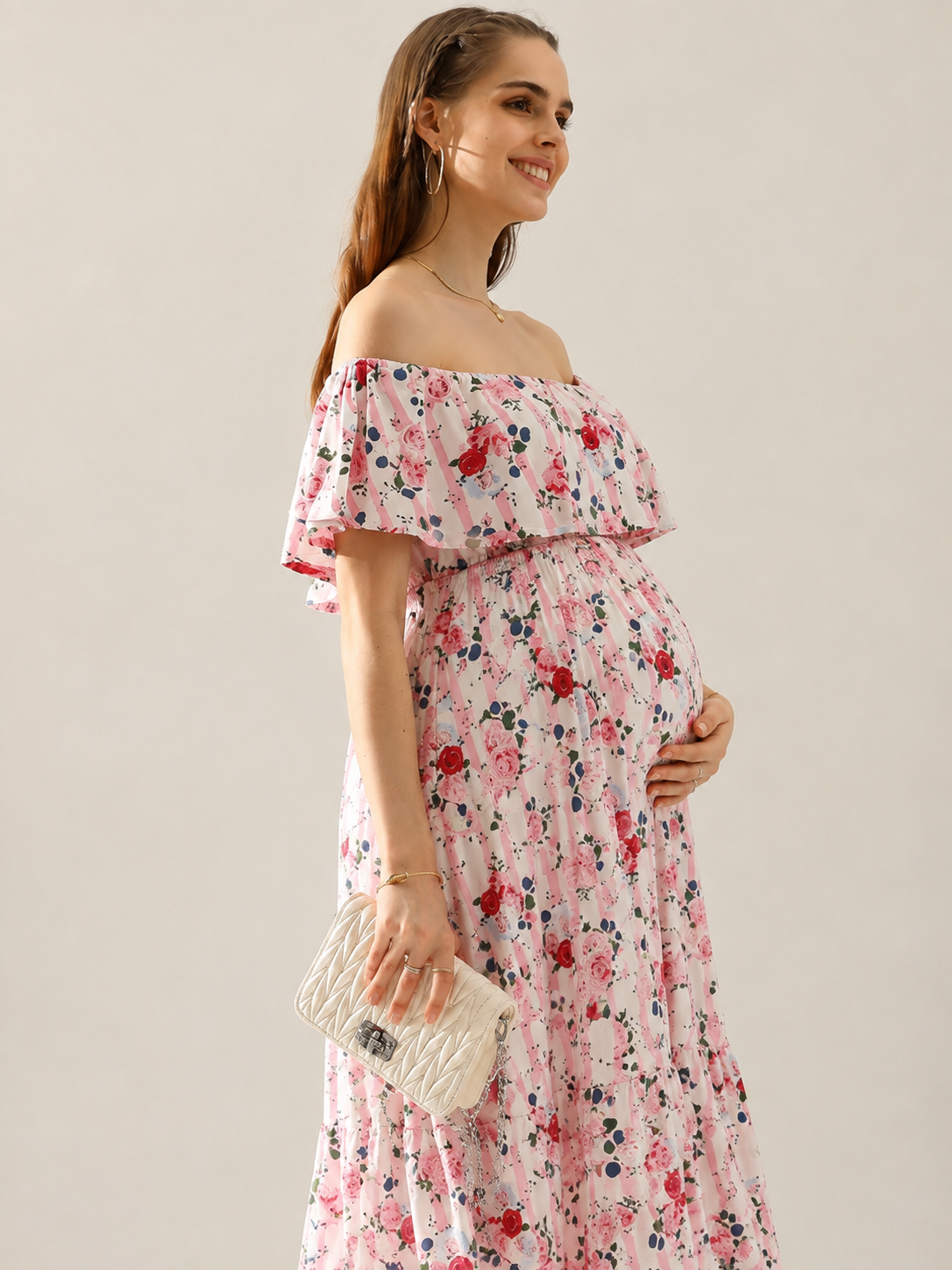 Solid Off Shoulder Maternity Ruffle Maxi Dress