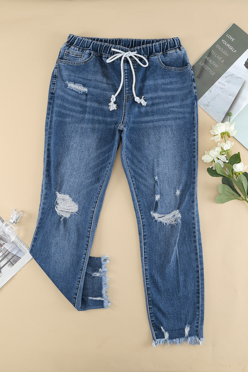 Dark Blue Elastic Waist Straight Leg Destroyed Raw Hem Jeans