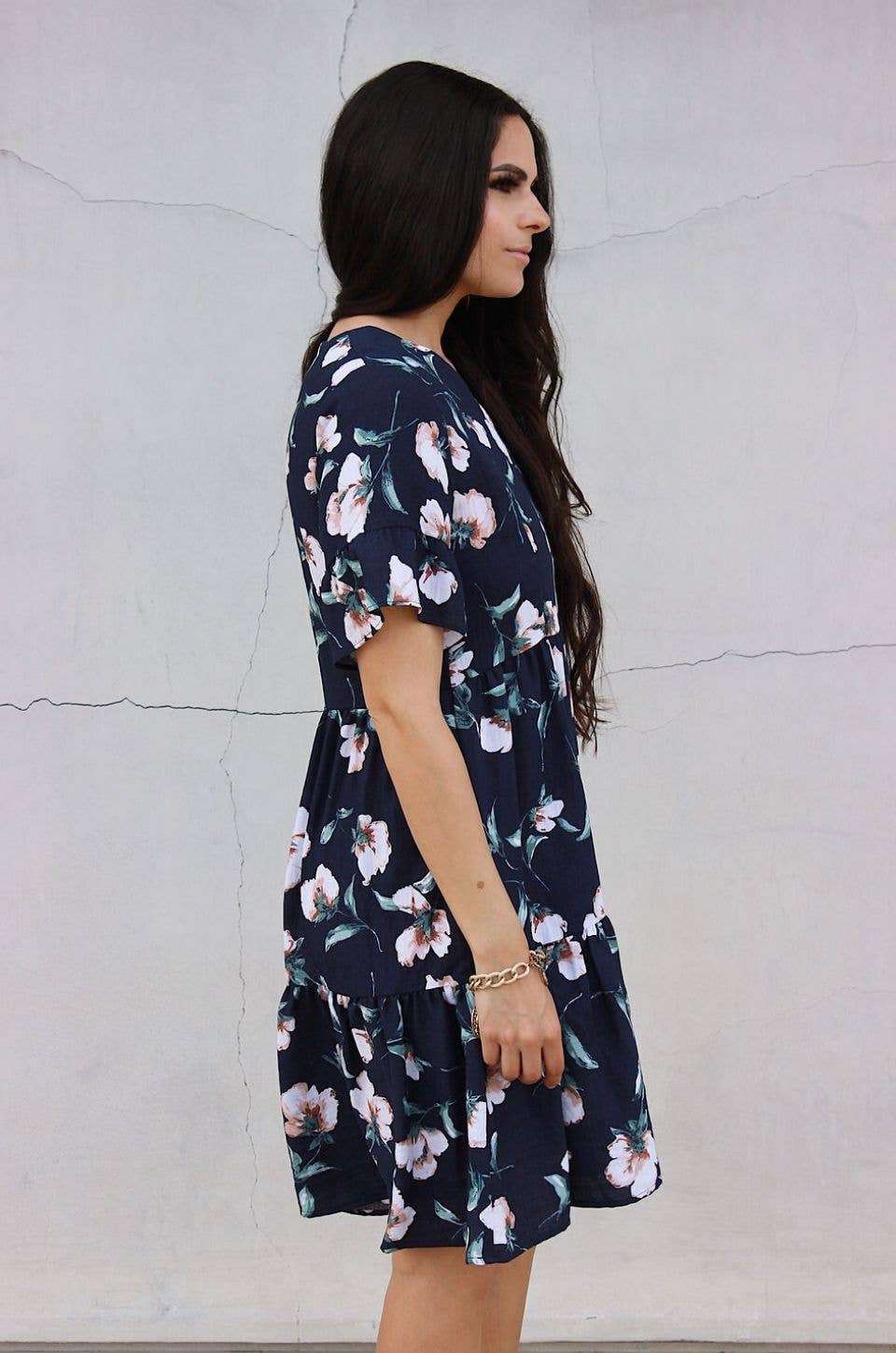 Floral Nursing Dress With Pockets -Bell Sleeve- Navy Floral