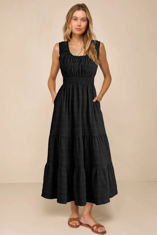 Black Shirred Pleated Midi Dress