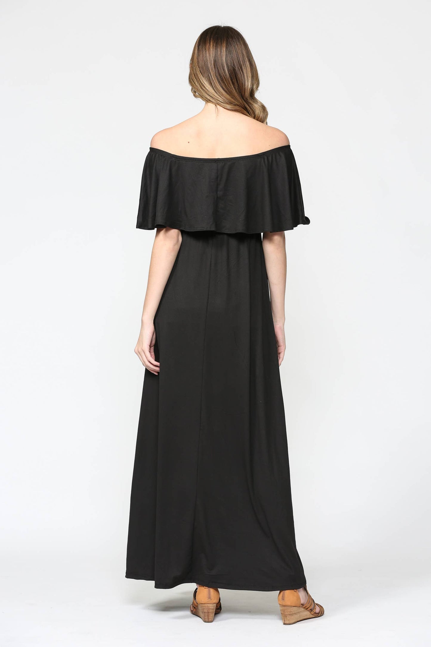 Solid Off Shoulder Maternity Ruffle Maxi Dress