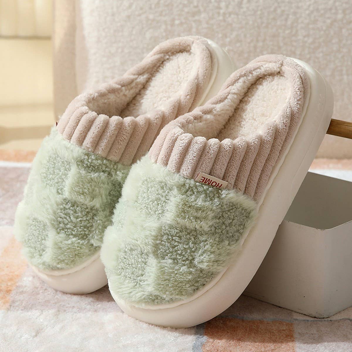 Checkered Fuzzy Warmies Slippers