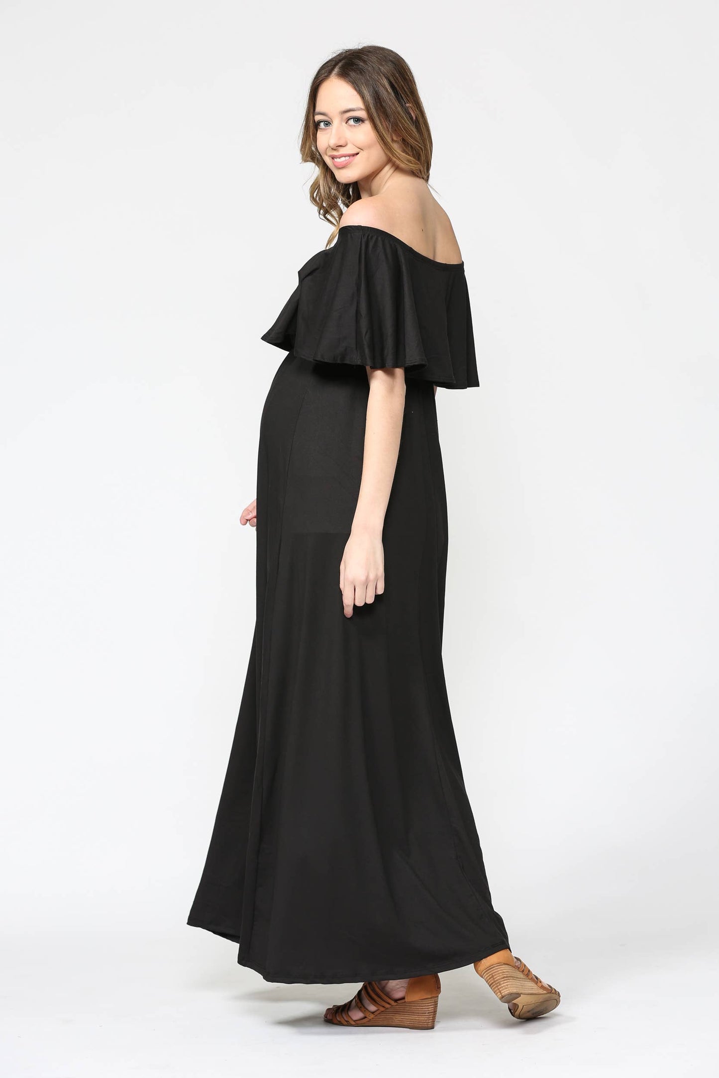 Solid Off Shoulder Maternity Ruffle Maxi Dress