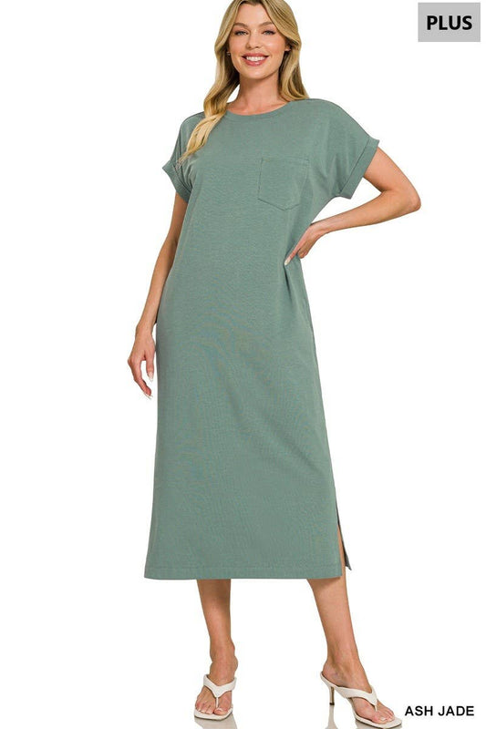 Plus Round Neck Short Sleeve Midi Dress