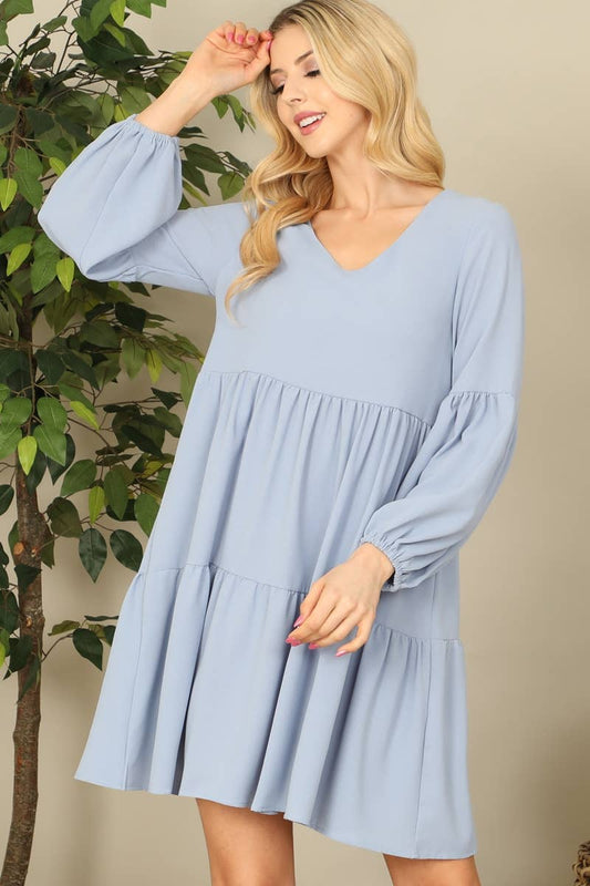 V-Neck Puff Long Sleeve Babydoll Tiered Solid Dress