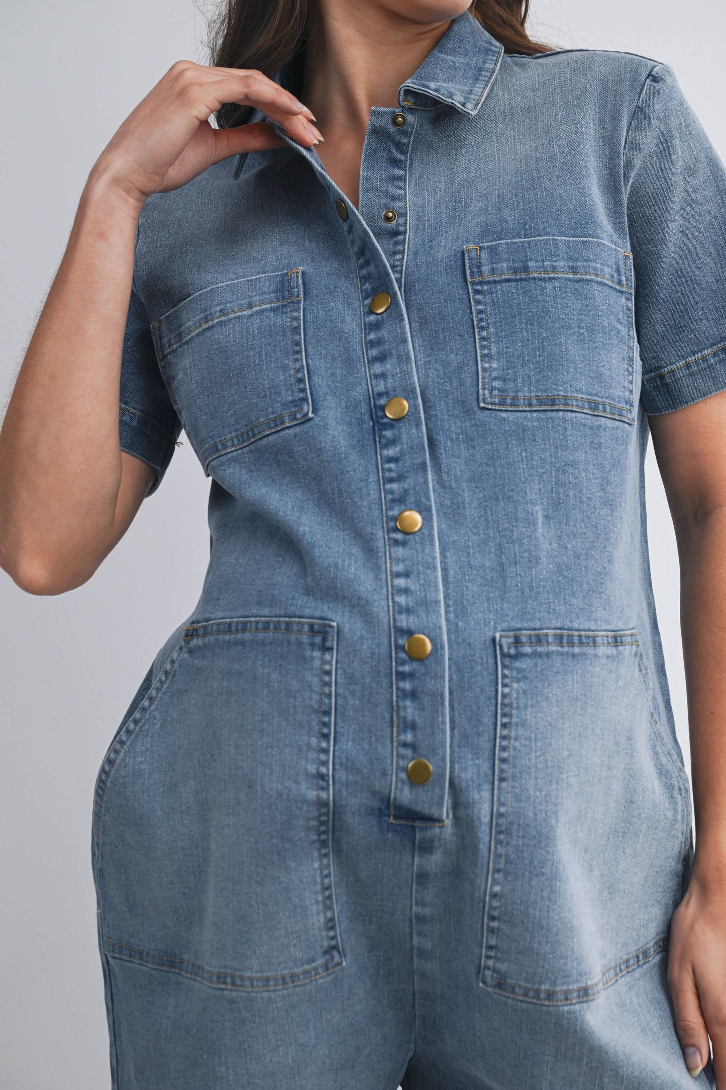 Button Front Maternity Denim Romper with Collar