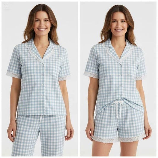 3-Piece Pack - Eyelet trim Gingham PJ Set - Bonus Shorts