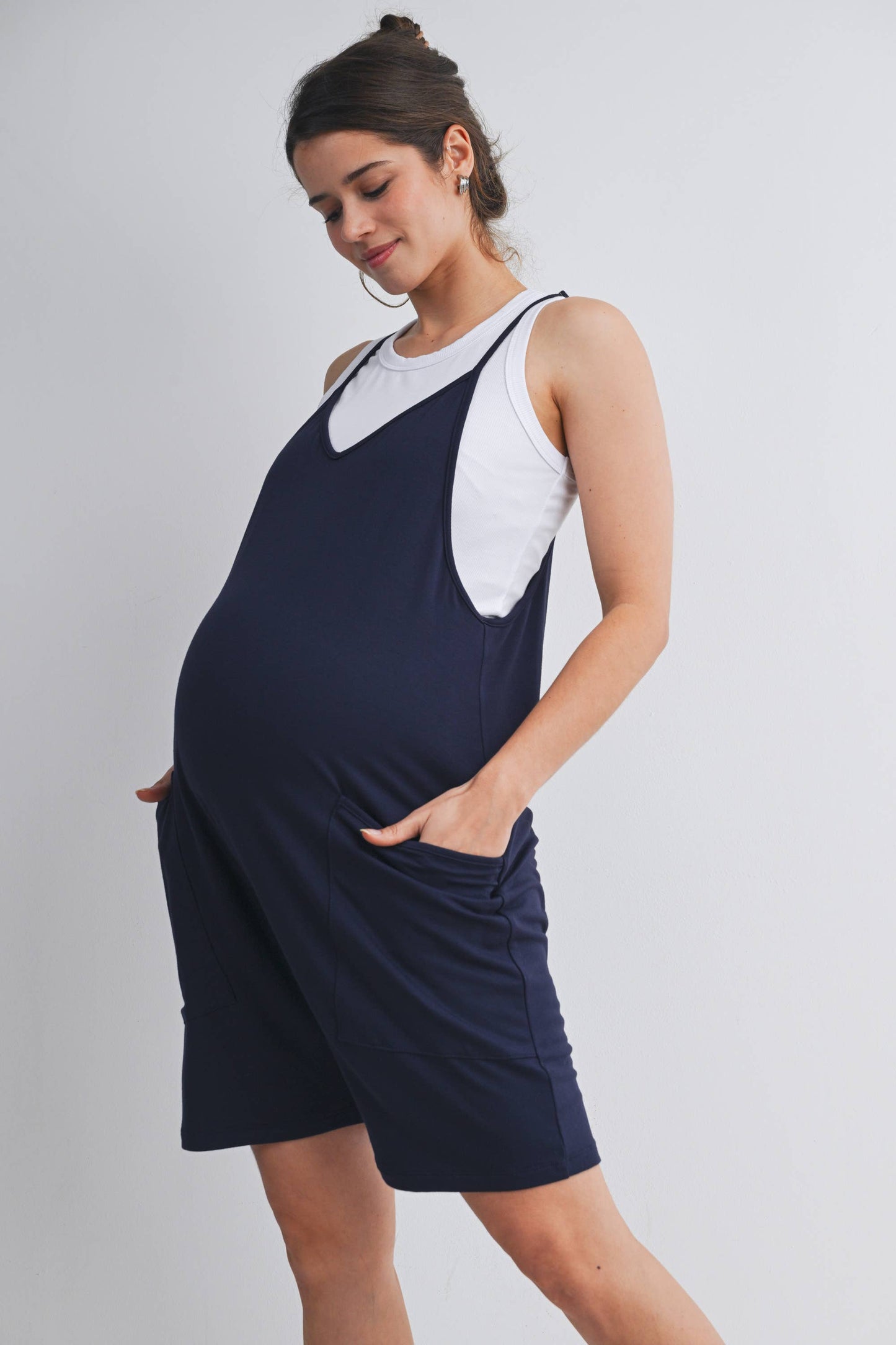 Loose Fit Sleeveless Maternity Romper with Adjustable Straps