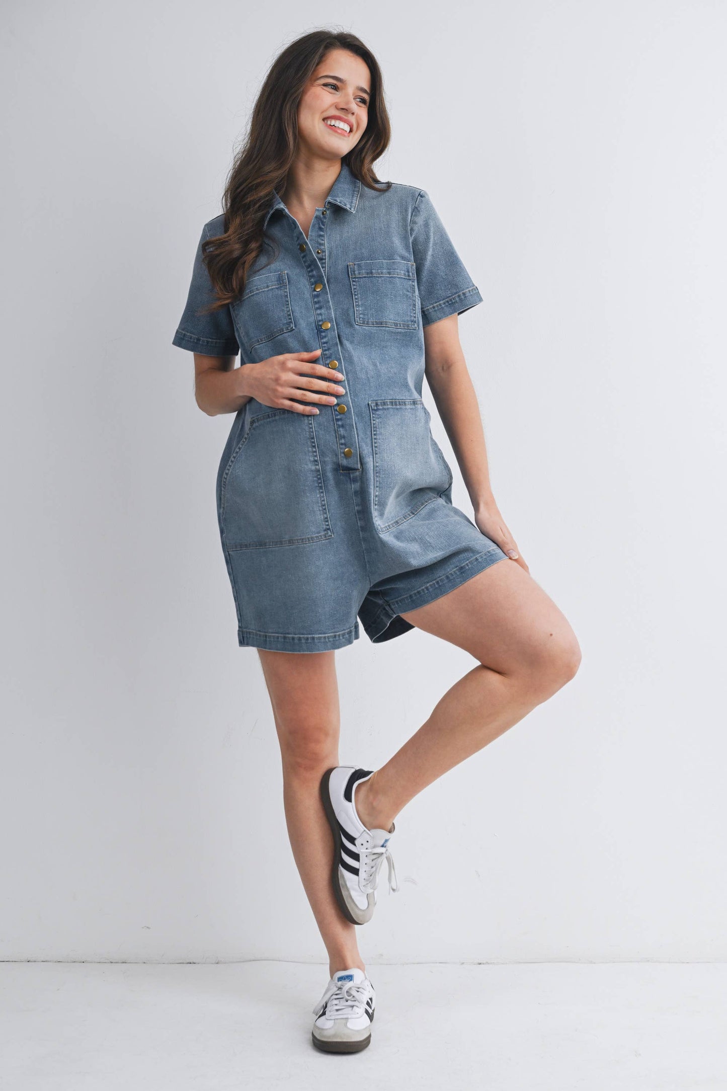 Button Front Maternity Denim Romper with Collar