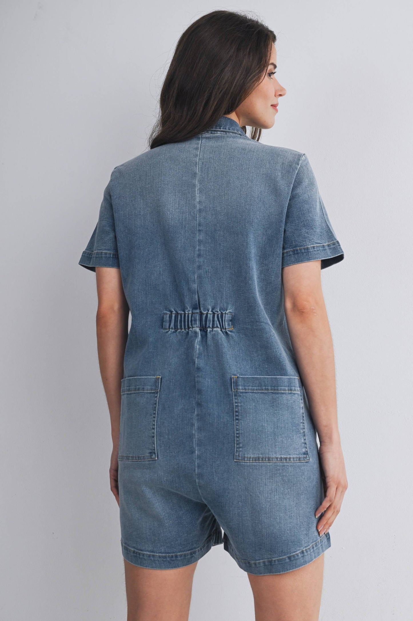 Button Front Maternity Denim Romper with Collar
