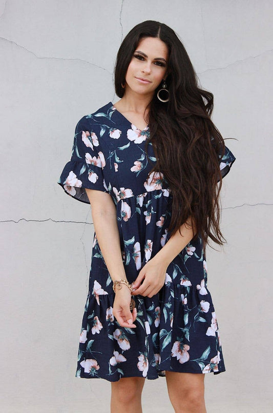 Floral Nursing Dress With Pockets -Bell Sleeve- Navy Floral