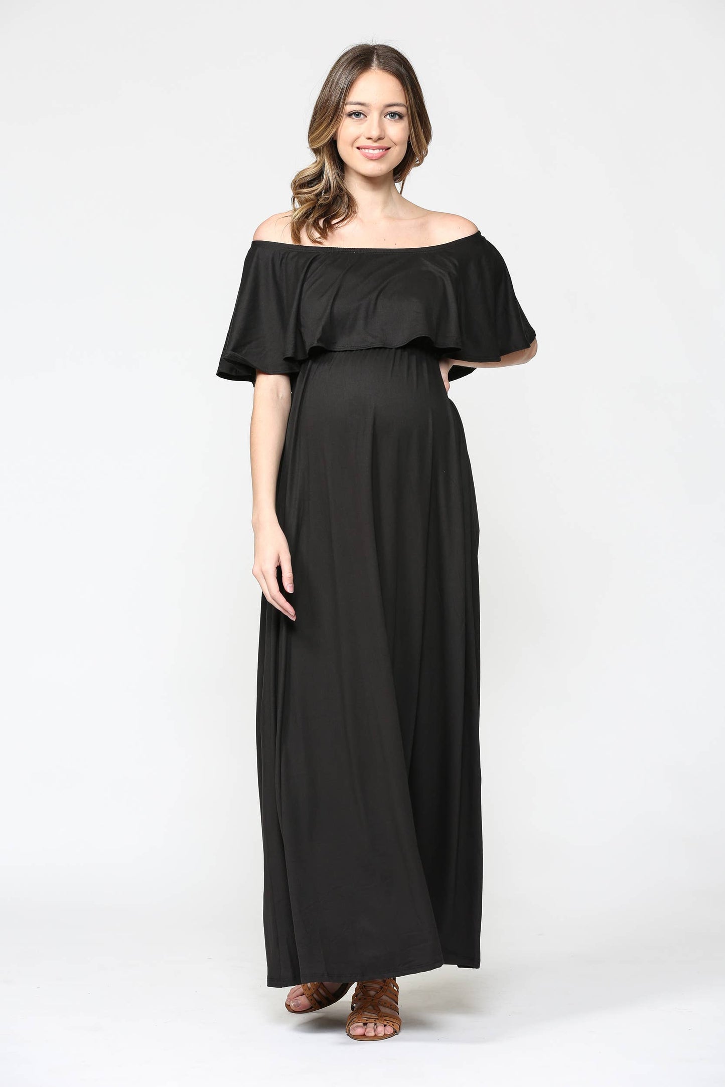 Solid Off Shoulder Maternity Ruffle Maxi Dress