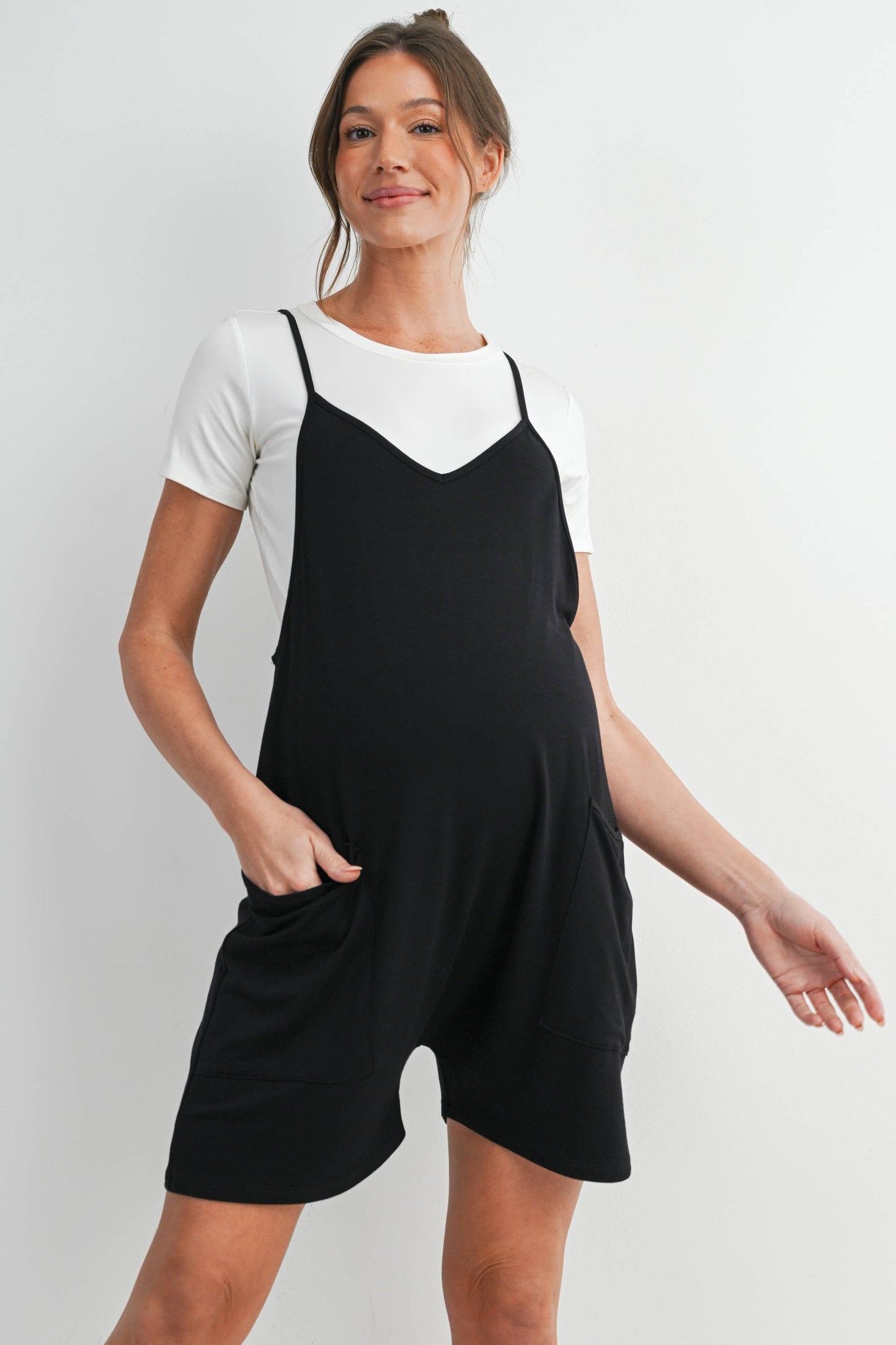 Loose Fit Sleeveless Maternity Romper with Adjustable Straps