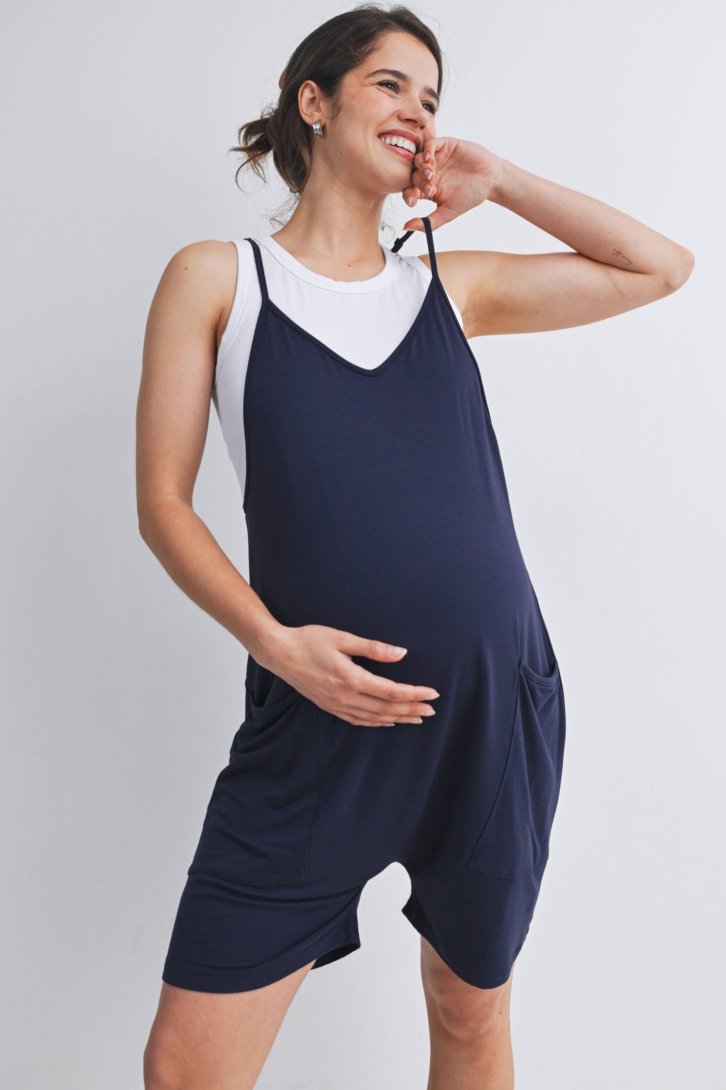 Loose Fit Sleeveless Maternity Romper with Adjustable Straps